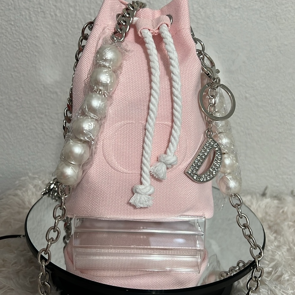 New! Dior Beauty Drawstring Pink Pouch with Crossbody Strap and Charm - Picture 4 of 15
